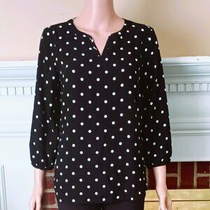Talbots Black Polka Dot Top MP  Slit Neck 3/4 Sleeve Black & White Blouse